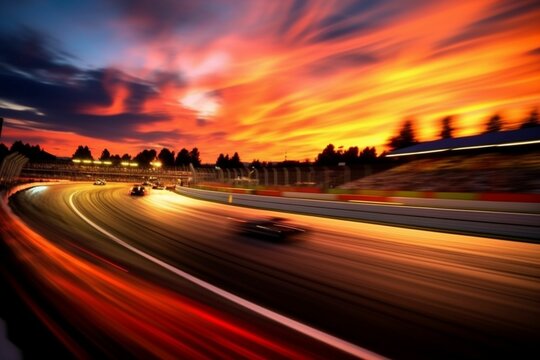 a blurry photo of a race track at sunset