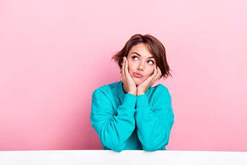 Portrait of minded lovely lady wear stylish clothes looking empty space hmm dilemma isolated on...
