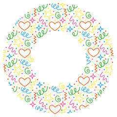 Colorful Holiday Circle Frame with fun doodle pattern hand drawn style. Festive Kid Round Label template. Design graphic element PNG on transparent background