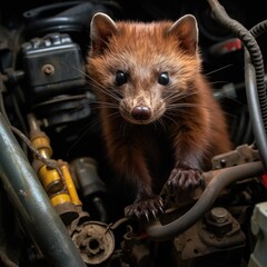 marten in the engine compartment of a car - obrazy, fototapety, plakaty