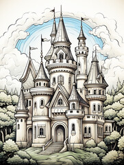 Medieval castle illustration in black and white medium. The image is perfect for a children's coloring book