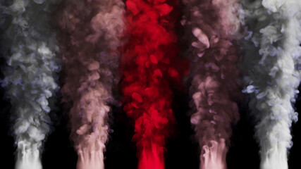 Clouds of multi-colored smoke rise up on a black background. 3d illustration.