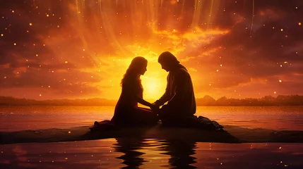 Photo sur Plexiglas Brun casal apaixonado juntos ao lindo por do sol, amor e magia no ar 