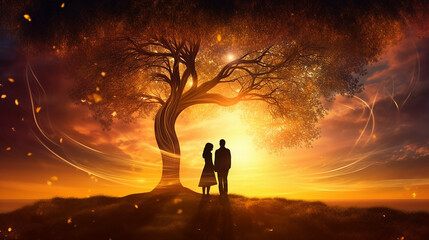 casal apaixonado juntos ao lindo por do sol, amor e magia no ar 