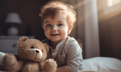 kleiner lachender Junge mit Teddybär
