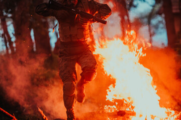 Soldier in Action at Night in the Forest Area. Night Time Military Mission jumping over fire