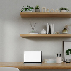 Minimalist workspace with a laptop mockup on a table in a minimal office. 3d render illustration