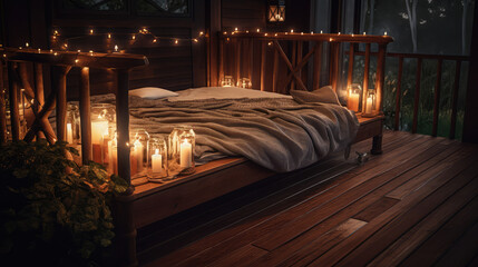 bed on a wooden balcony with lit candles, generative AI