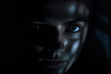 Girl's face in the dark, concept of fearful photography. Generative AI