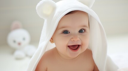 Cute baby with a towel on his head smiles on a white background.