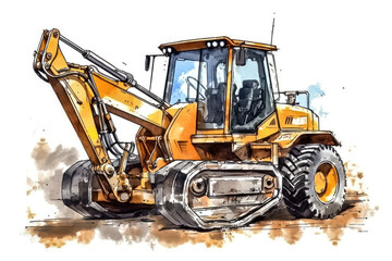 Cartoon of an excavator machine on white background. Generative AI.