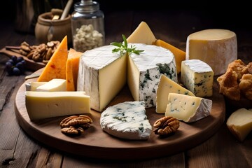Appealing assortment of gourmet cheeses displayed on a rustic wooden table, perfect for cheese lovers and culinary explorations