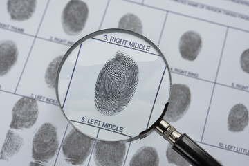 Magnifier and fingerprint police form.  Background on the theme of crime, police, detective,...