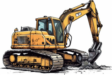 Cartoon of an excavator machine on white background. Generative AI.