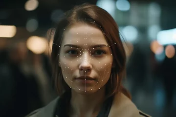 Foto op Plexiglas Face recognition technologies. A young girl on a city street. © Vasily Merkushev