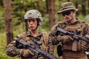 Modern Warfare Soldiers Squad Running in Tactical Battle Formation Woman as a Team Leader