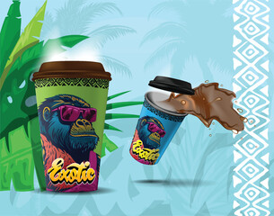 Stylish gorilla on disposable coffee cup on exotic background with ornament.