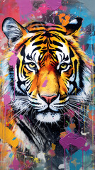 Naklejka premium tigre, colagem e rabiscos, linhas ousadas, retrato mítico, cores lindas, fundo abstrato
