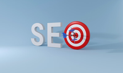 SEO word and target form on blue studio background.