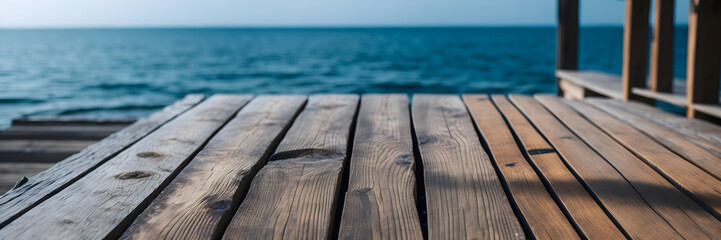 wooden floor sea, beach, blue sky