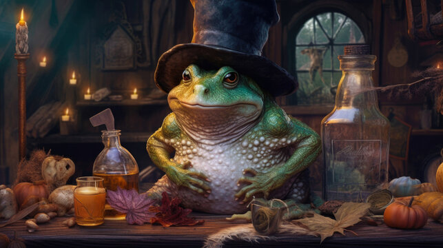 Fantasy toad witch in magical mysterious fairy cabin with magic attributes, glass bottles, pumpkin, candles. Halloween, fairytale, magic animal concept
