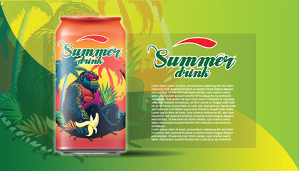 Exotic drink in a jar with the lettering Summer drink and gorilla image on it. Suggestion for packaging. © slava