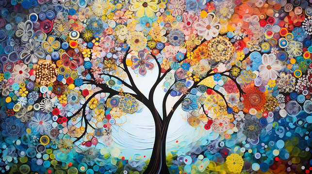 arvore com flores,  colagem e rabiscos, linhas ousadas, retrato m&iacute;tico, cores lindas, fundo abstrato