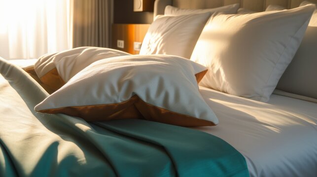 Bed maid-up with clean white pillows and bed sheets in beauty room. Close-up. Lens flair in sunlight,image ai generate
