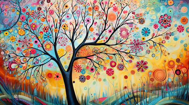 arvore com flores,  colagem e rabiscos, linhas ousadas, retrato m&iacute;tico, cores lindas, fundo abstrato