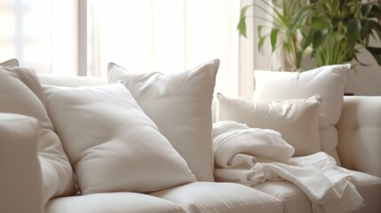 soft cozy beige color pillows on modern sofa with wallpaper wall cover background home design concept ,ai generate