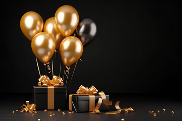 Gold balloons and luxury gifts bunch on a black wall background generative AI