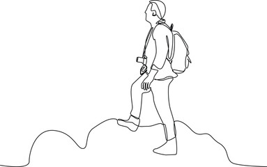 Fototapeta premium One continuous line drawing of Traveler or explorer on mountain or valley concept. Doodle vector illustration in simple linear style. 