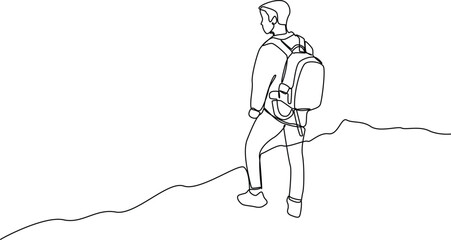 One continuous line drawing of Traveler or explorer on mountain or valley concept. Doodle vector illustration in simple linear style. 