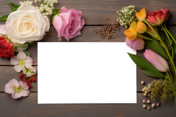 Creative layout with colorful flowers, leaves and note paper. Blank white paper card on table with colorful flowers. Copy space, transparent background mockup ready to be customized