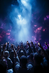 Stage lighting shining down from the top, many people holding their mobile phone flash, dancing in blue and purple. AI generative