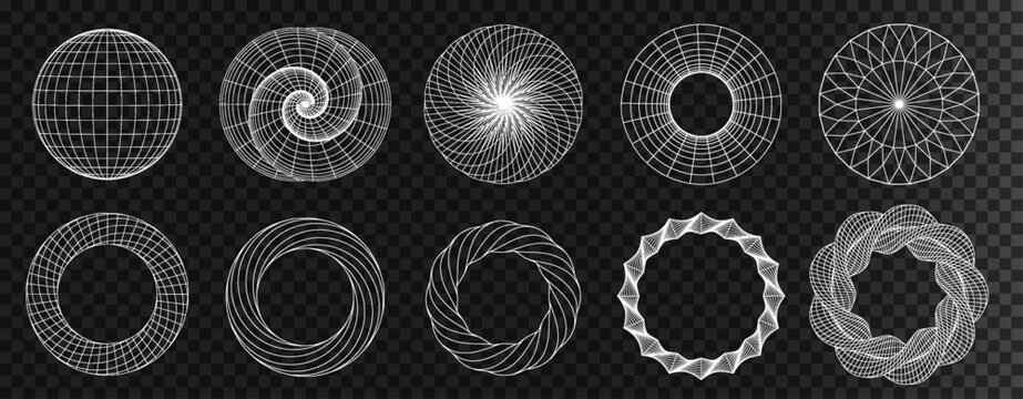 Wireframe outline. 3D abstract shapes set. surface mesh and geometric wireframe shapes. Cyberpunk vector elements.