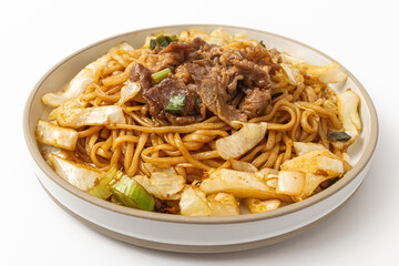 Beef fried noodles on white background
