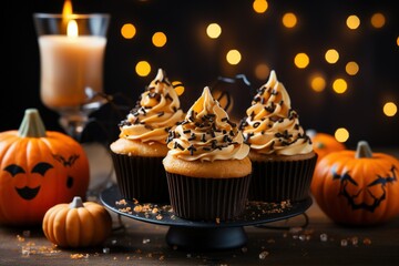 cupcake and pumpkin on a dark background.