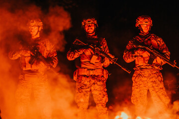 Soldiers squad in action on night mission using laser sight beam lights military team concept