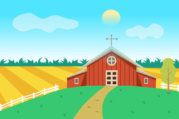 Rural landscape with a wheat field and a barn building on a hill in the morning. Vector illustration.