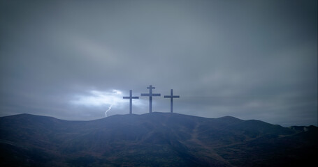 Three crosses on the hill with sky becoming cloudy and lightning