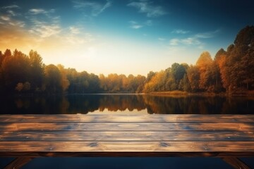 Fototapeta premium Lake natural background with empty rustic table