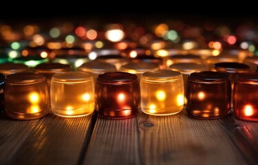 Wooden empty table with bokeh background