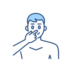 Avoid face touch related vector icon. Man touches face with finger. Avoid face sign. Isolated on white background. Editable vector illustration
