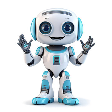 Cute white robot raising his hands in greeting on transparent background.