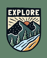 View of the mountain , explore the nature vintage vector design for badge, sticker, t shirt illustration