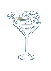 The wave and coconut tree inside of cocktail high glass. summer time theme vector art. vector mono line art