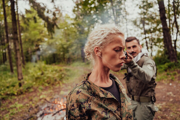 Obraz premium Terrorists was capture alive woman soldier and interrogation her on special tactics violent way
