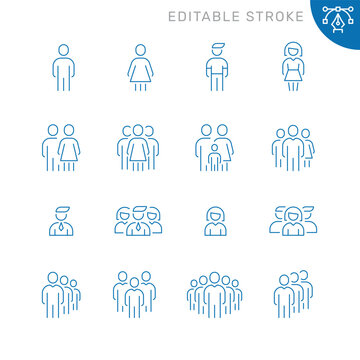 Vector line set of icons related with people. Contains monochrome icons like person, team, man, woman, group, crowd and more. Simple outline sign. Editable stroke.