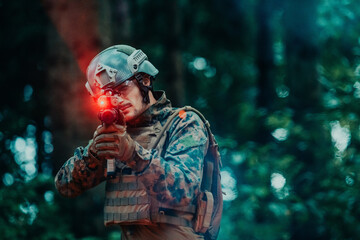 A soldier fights in a warforest area surrounded by fire